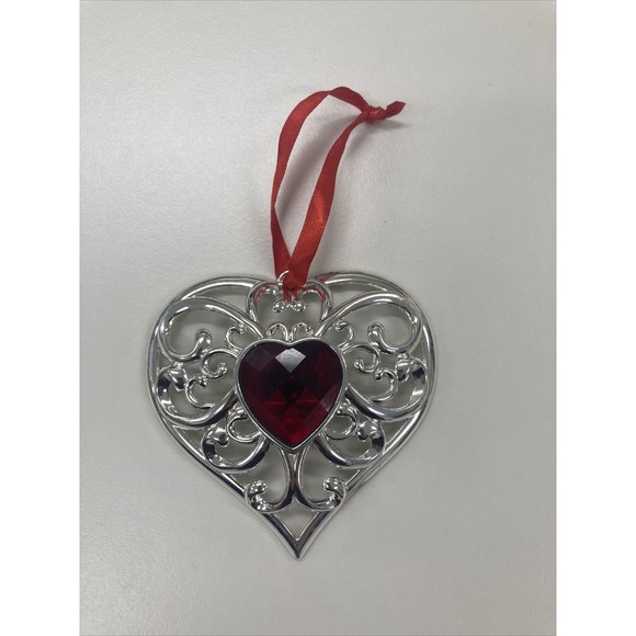 Lenox Christmas Valentines Day Ornament Red Bejeweled Heart Silver Plated - Picture 1 of 2